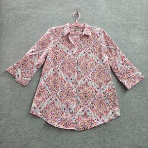 Chico's Women Blouse 0 Multicolor Paisley Linen Collared Button Front